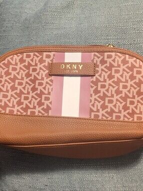 DKNY Pink & Tan Logo Cosmetic Case with Center Stripe